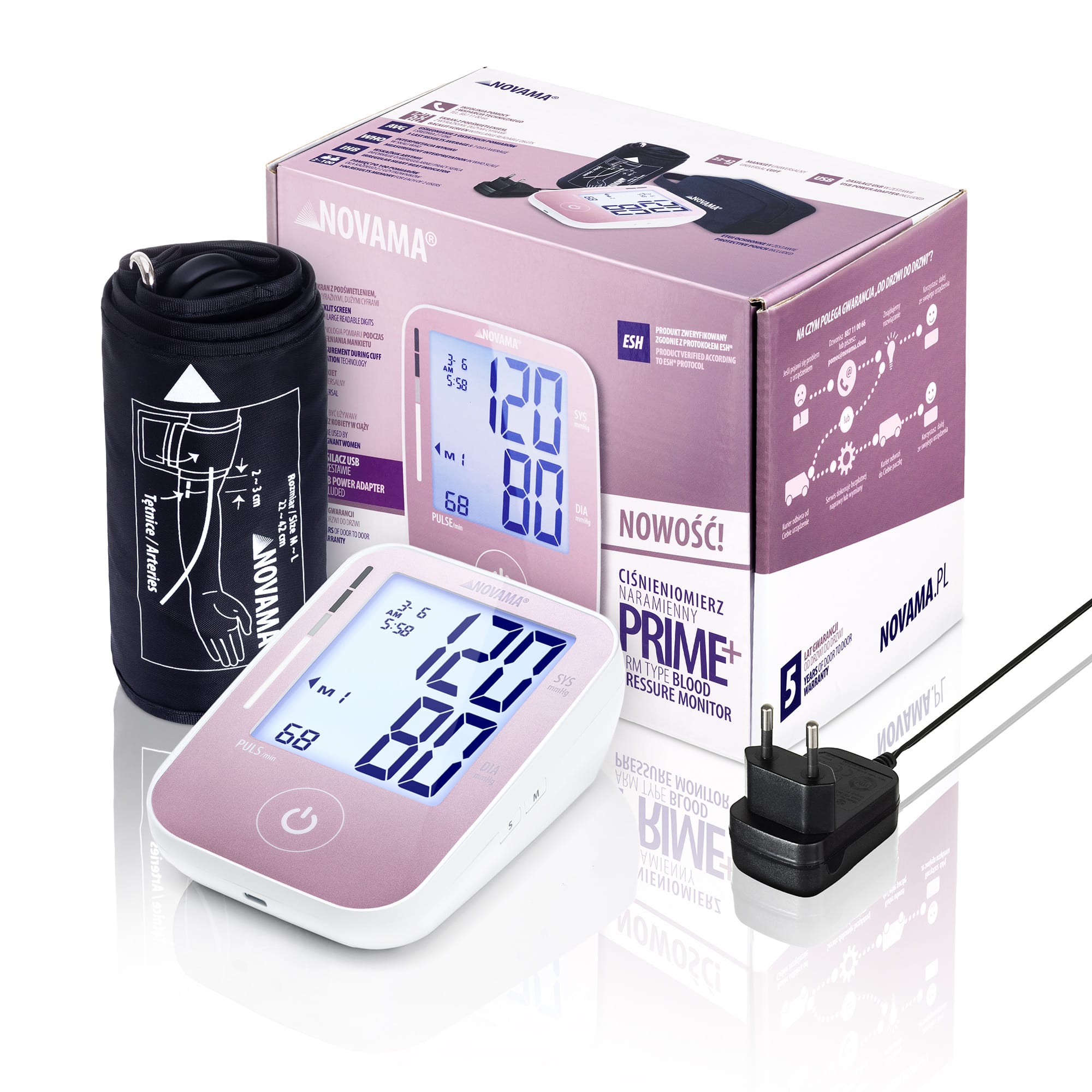 NOVAMA PRIME+ PINK SU MAITINIMO BLOKU Peties kraujospūdžio matuoklis su maitinimo bloku, tikslumas – ESH