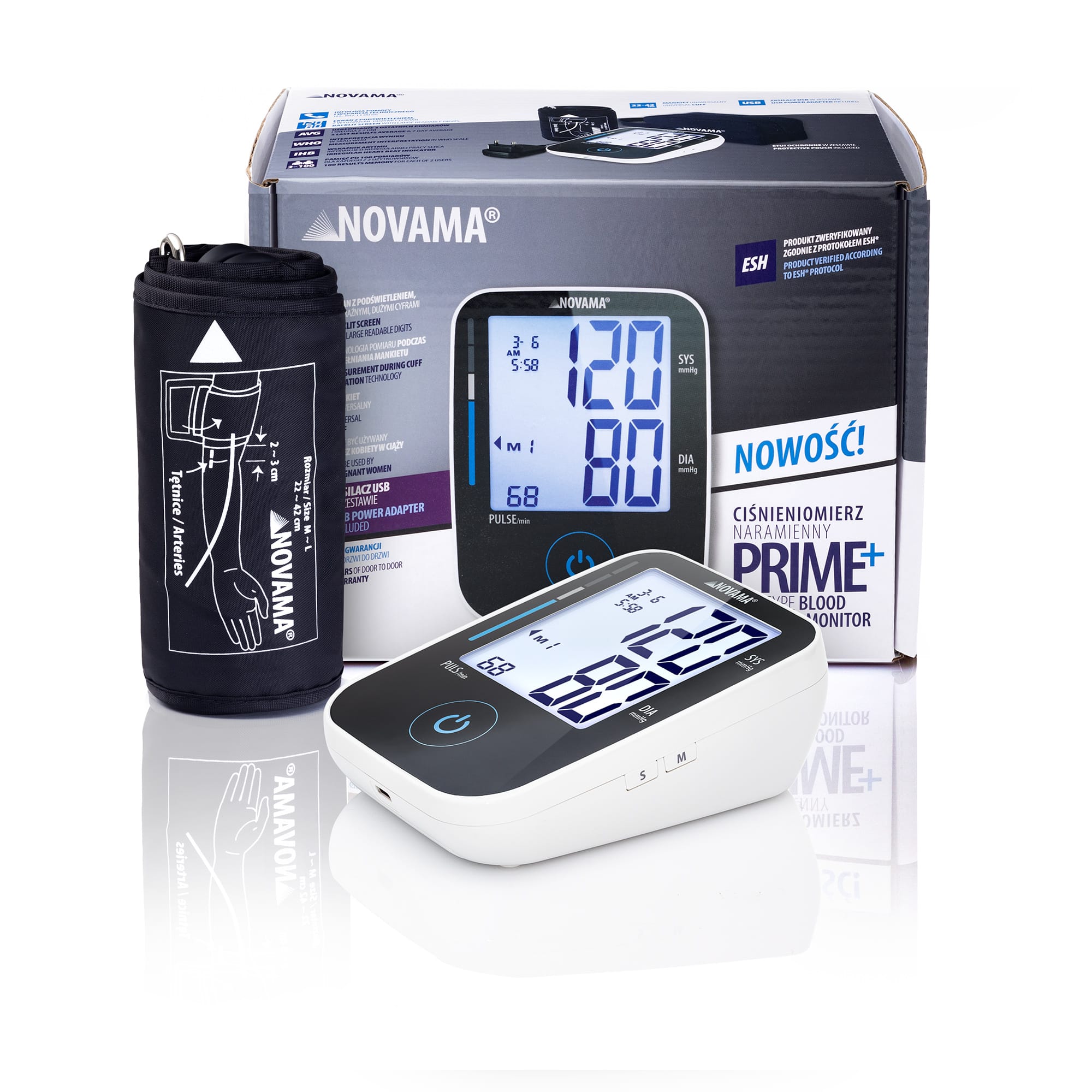 NOVAMA PRIME+ BLACK SU MAITINIMO BLOKU Peties kraujospūdžio matuoklis su maitinimo bloku, nustato aritmiją